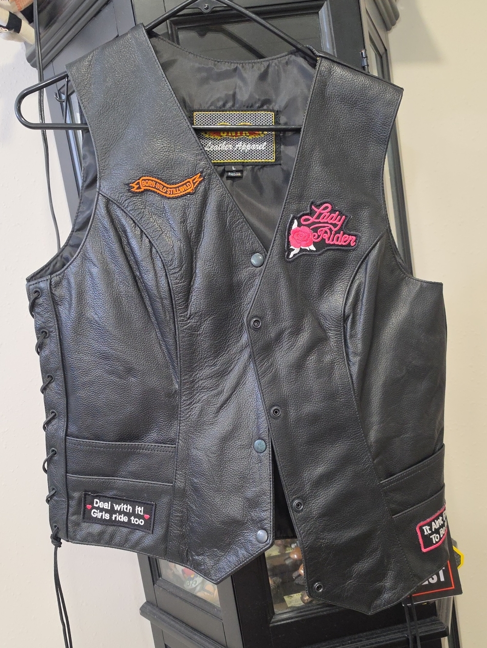 Unik Black Leather Vest with Pink & Orange Embroidered Patches